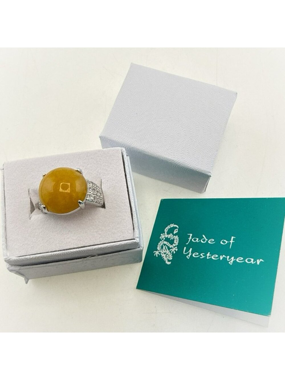 Jade of Yesteryear Ring JOY Lemon Yellow Sterling Silver Sz 6 Deco CZ 925 Dome